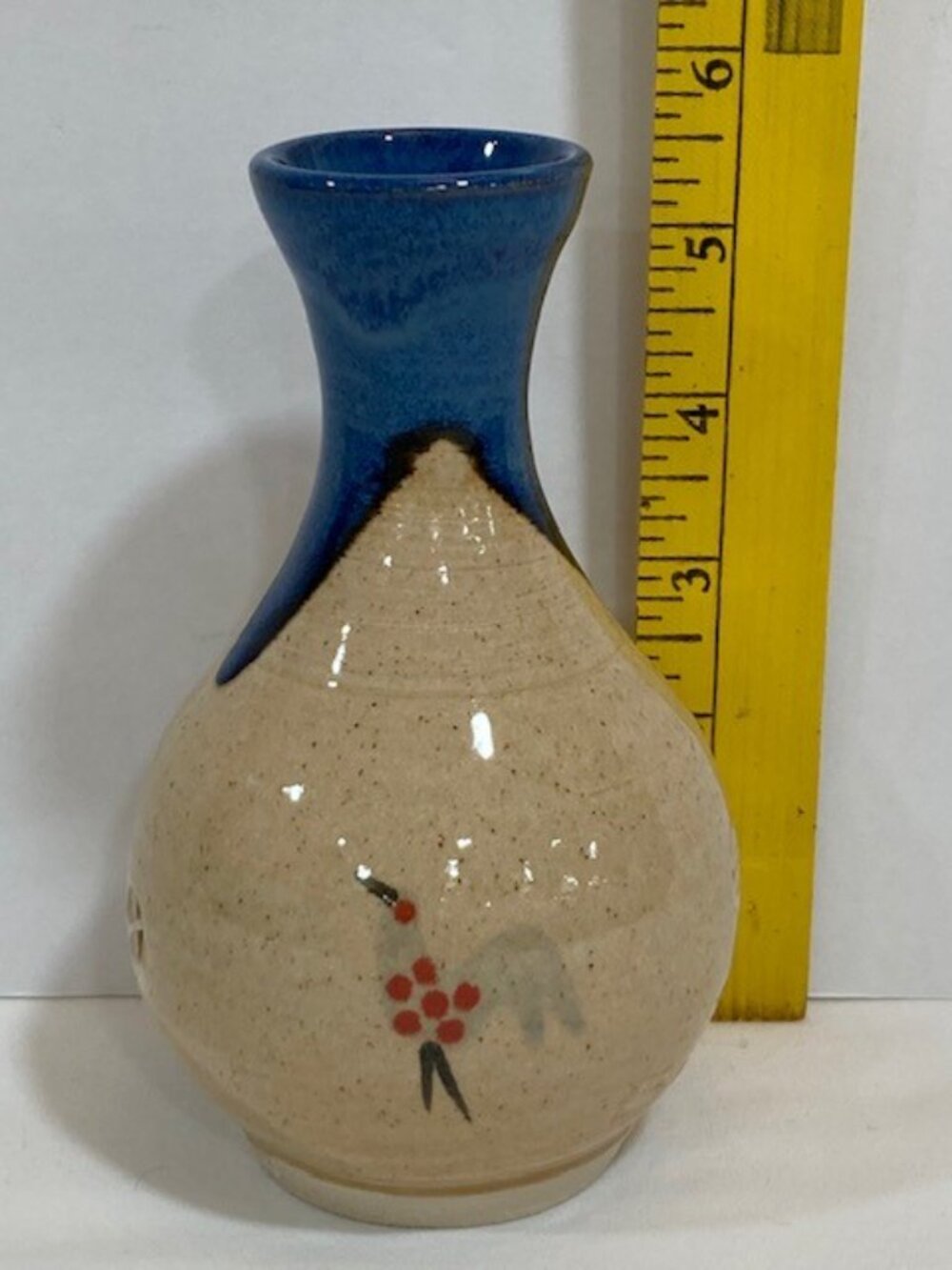 Mucros Pottery Blue and Tan Vase with Bird Motif and Sticker 5 1/2" - Picture 8 of 8